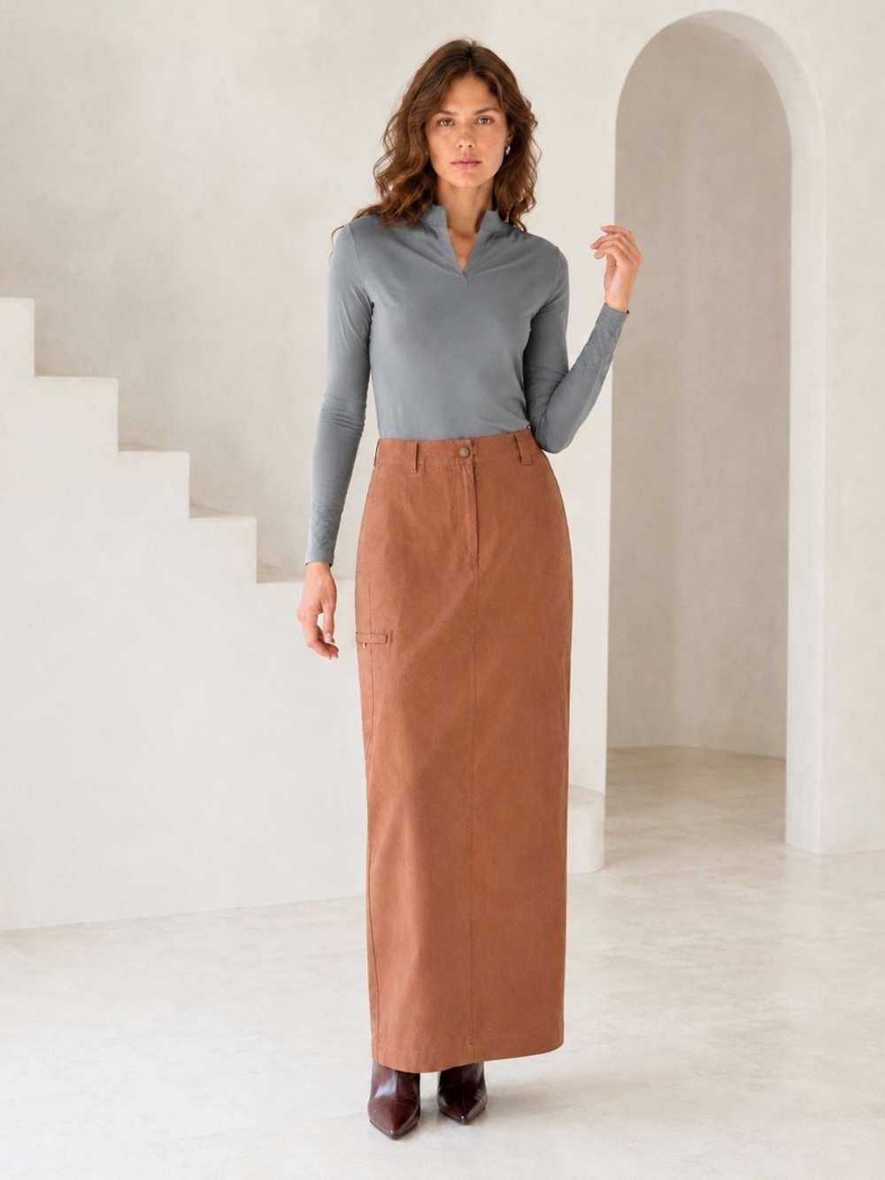 Y2K Utility Cargo Maxi Skirt Ramie Cotton Rust Editorial Size 15